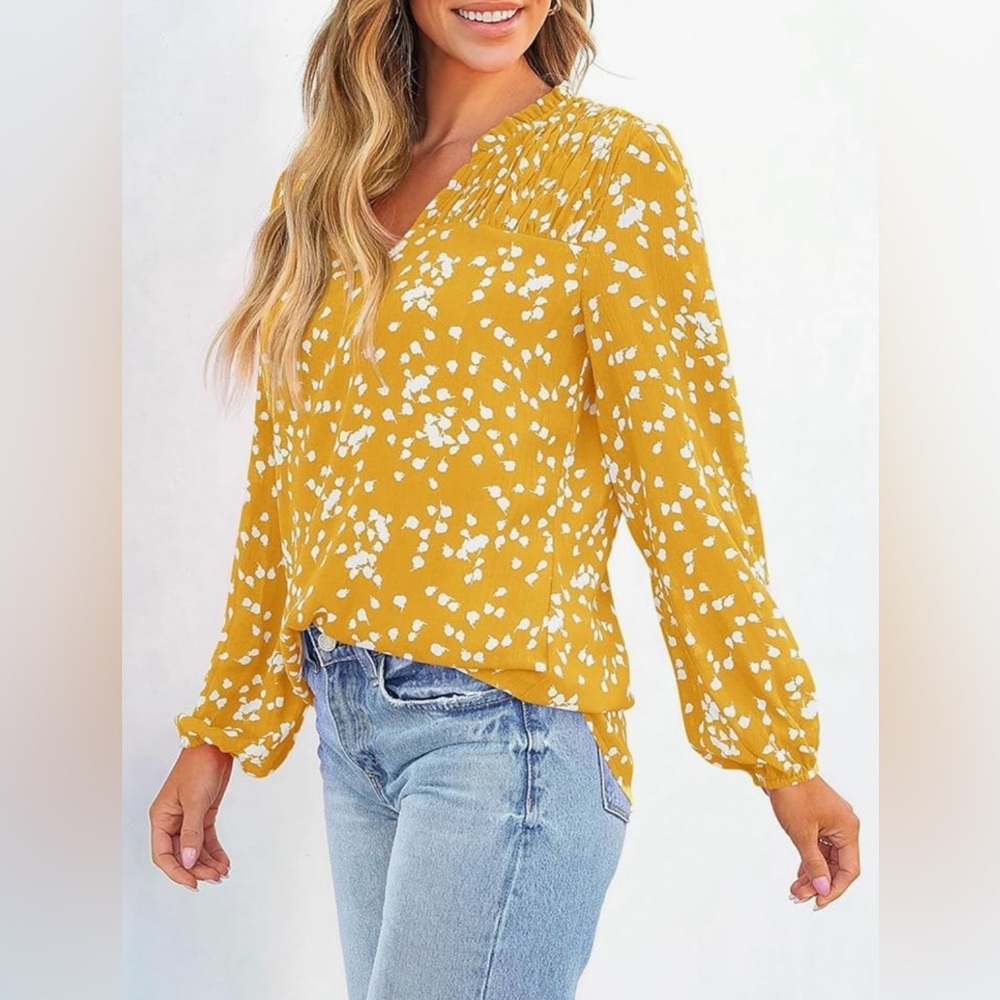 Yellow White Abstract Print Blouse Womens Large Effortless Boho Fall Top NWOT